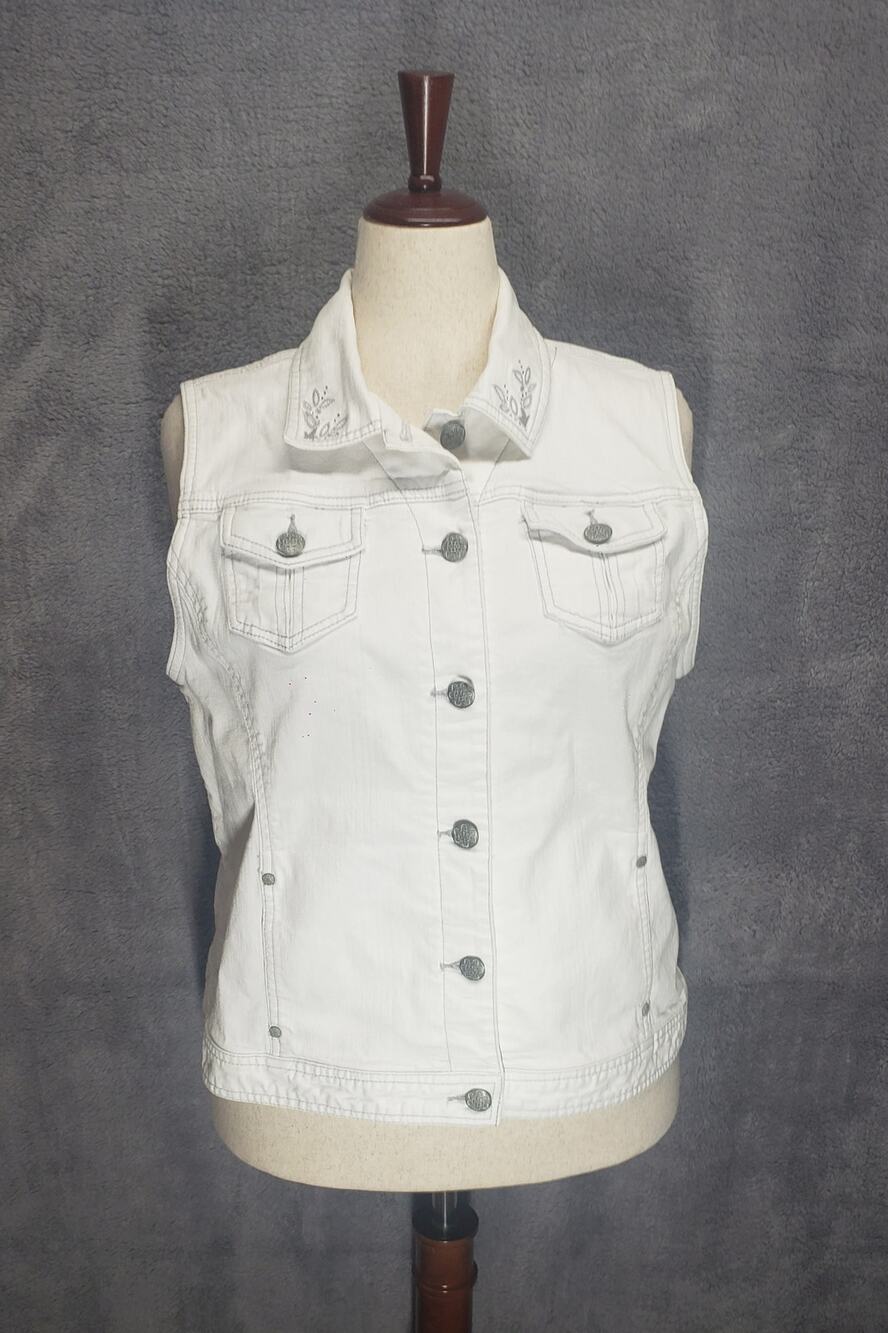 Vintage Y2K Chicos Embellished White Denim Vest Sz 3 Westerncore Rhinestone 90s